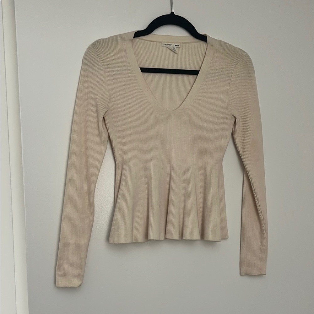 Club Monaco Cream V-Neck Ribbed Peplum Top